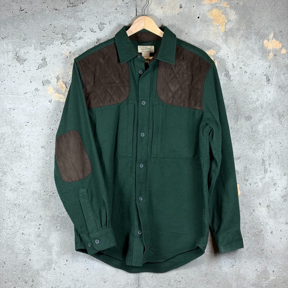 L.L. Bean Chamois Cloth Shirt Mens Small Green Cotton Elbow Pads Button Up